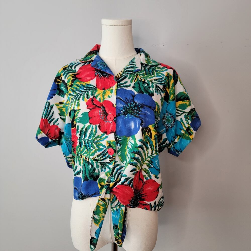 VTG Tropical Hawaiian Blouse Boho Tie Cruise Vacation Beach Sz L Michele Leslie